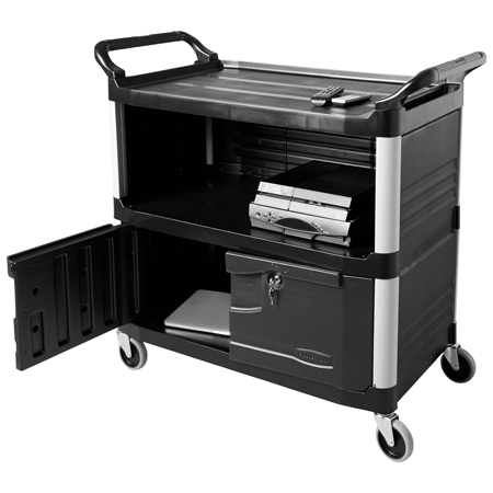 Rubbermaid FG409500BLA Xtra Black 300 lb. Equipment Cart with Lockable Doors