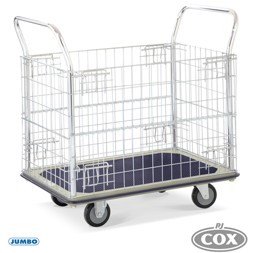 Jumbo Flat Bed Trolley / Cart  with Folding Wire Mesh Sides