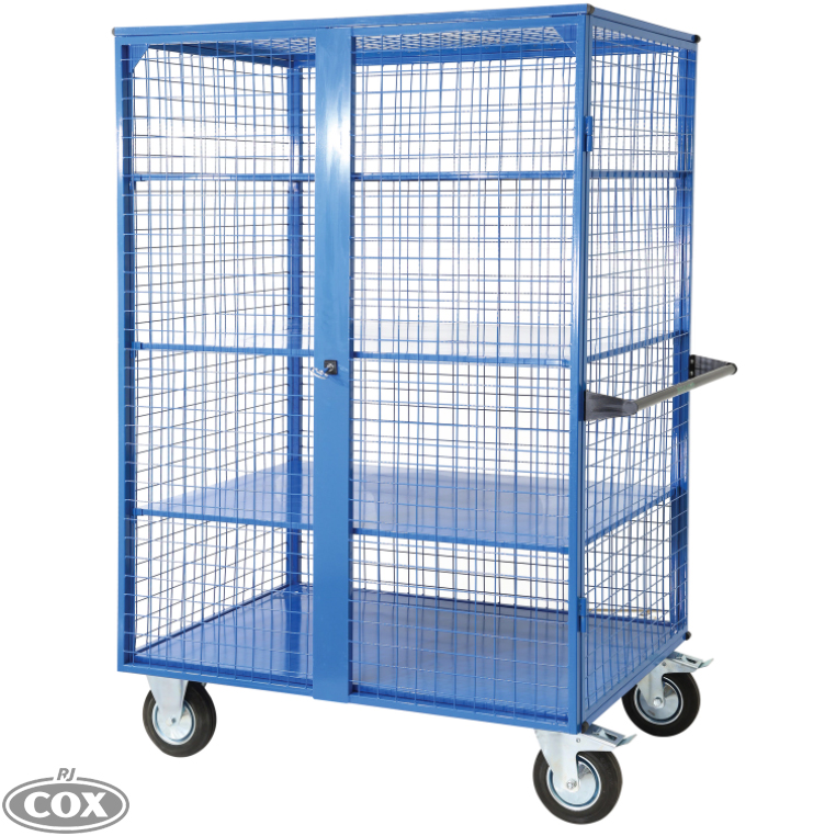 Mobile Security Cage Mesh Trolley with Sheet Metal Shelves