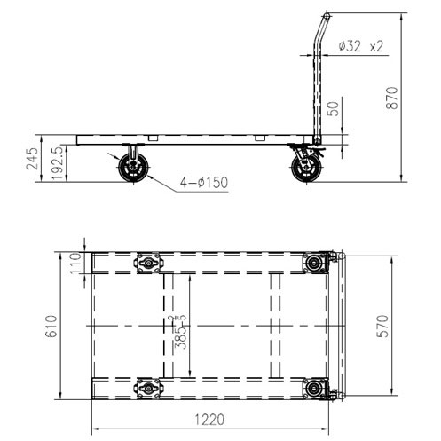 Heavy duty steel platform trolley with a reinforced deck, removable handle and 540kg capacity.